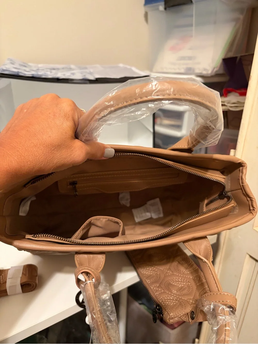 Valentino Orlandi Cognac Quilted Tote with Detachable Strap & Coin Pouch